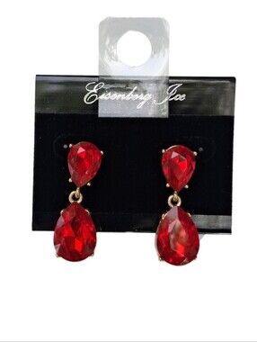 Vintage Eisenberg Ice Red Rhinestone Teardrop Dangle Earrings Gold Tone Post